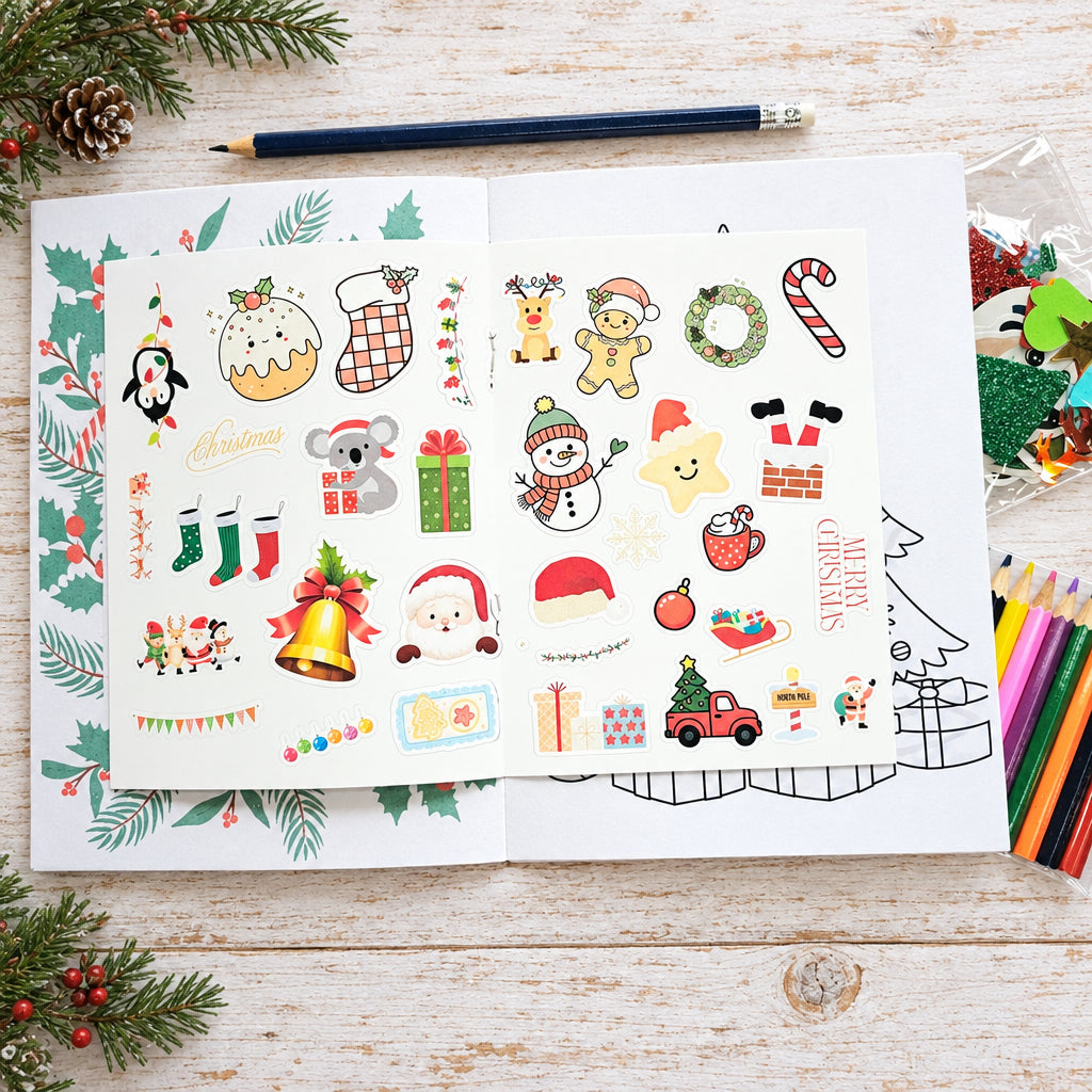 Sheet of Christmas-themed stickers with a pencil and colorful markers on a white surface.