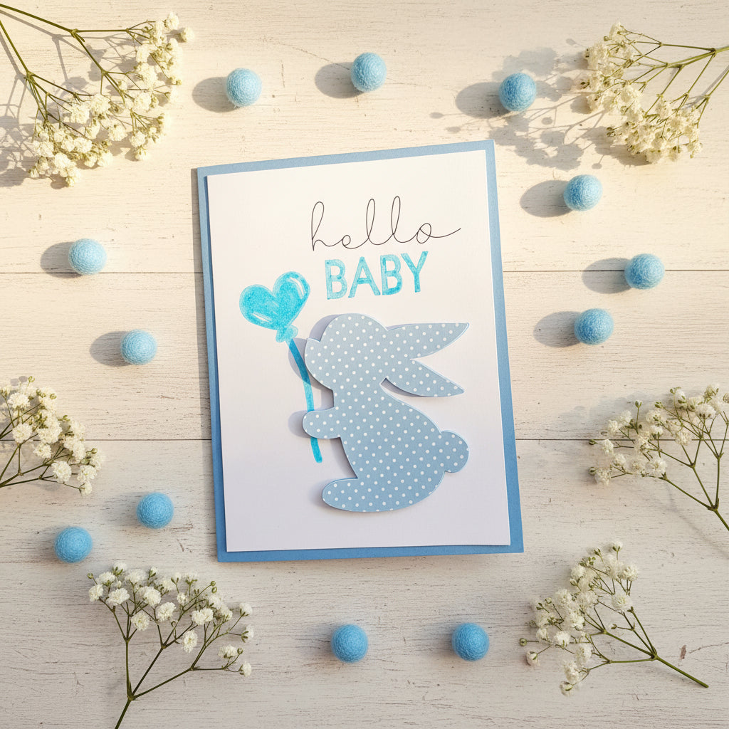 A handmade baby greeting card with a blue border, featuring the words 'hello BABY' and a layered bunny silhouette with white polka dots holding a blue heart-shaped balloon.