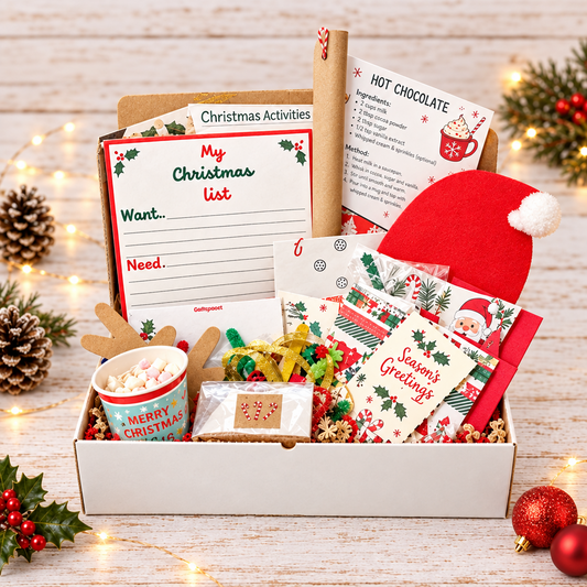 A Christmas-themed activity box filled with festive craft and game items, including a Santa hat, activity cards, a rolling pin, a red paper fan, a cup, and small game pieces, arranged in a white box against a white background.