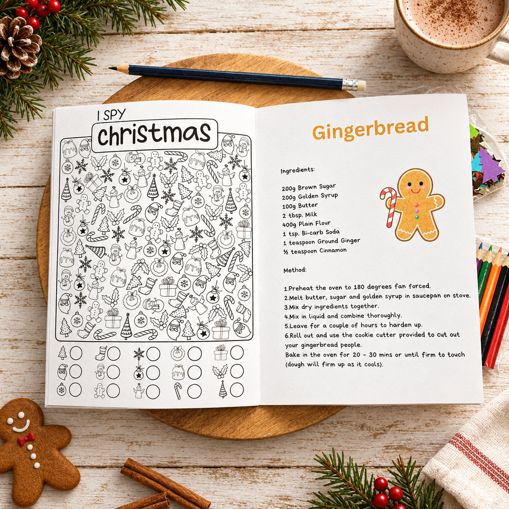 Christmas-themed activity sheet with coloring and recipe on a white surface