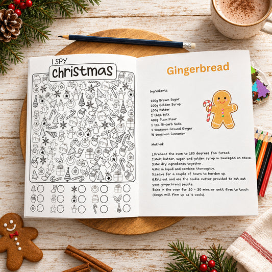 Christmas-themed activity sheet with coloring and recipe on a white surface