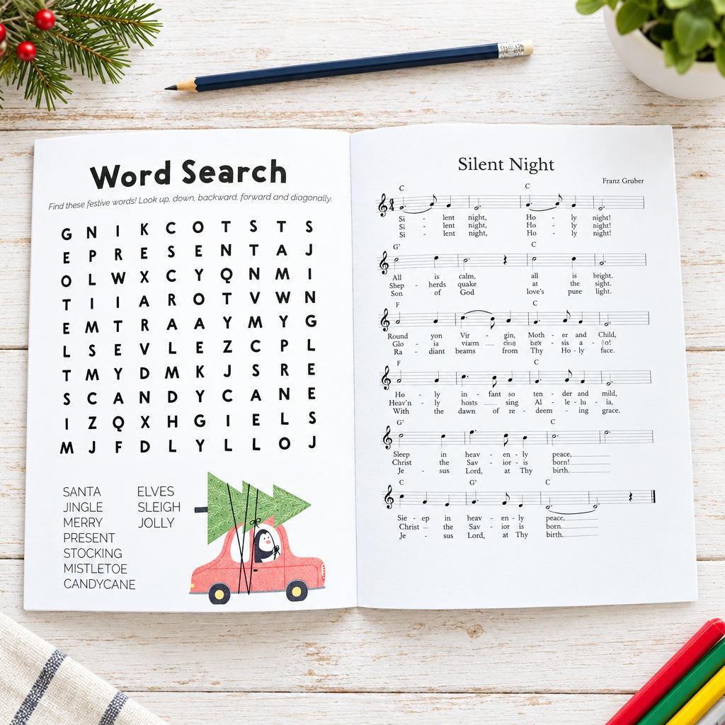 Open book with word search and sheet music on a wooden surface