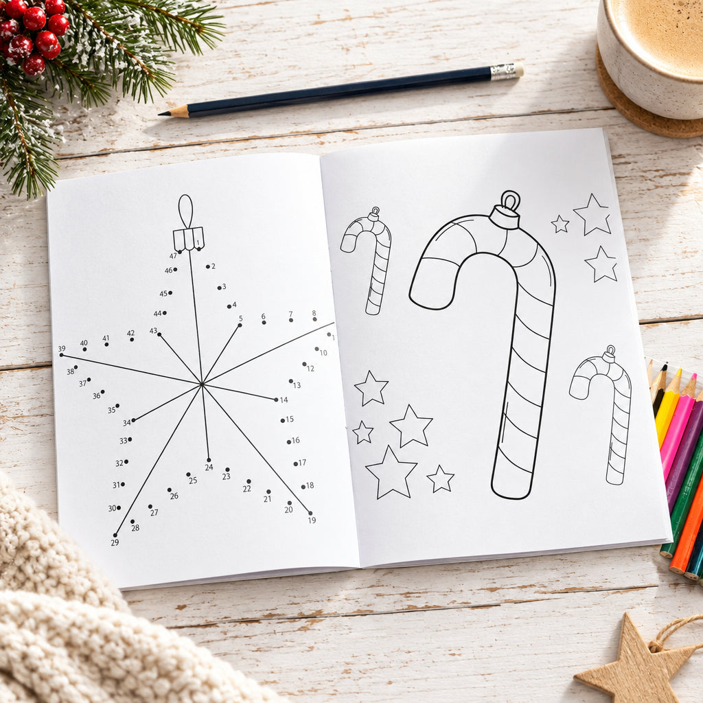 Two coloring books with Christmas-themed pages on a white surface.