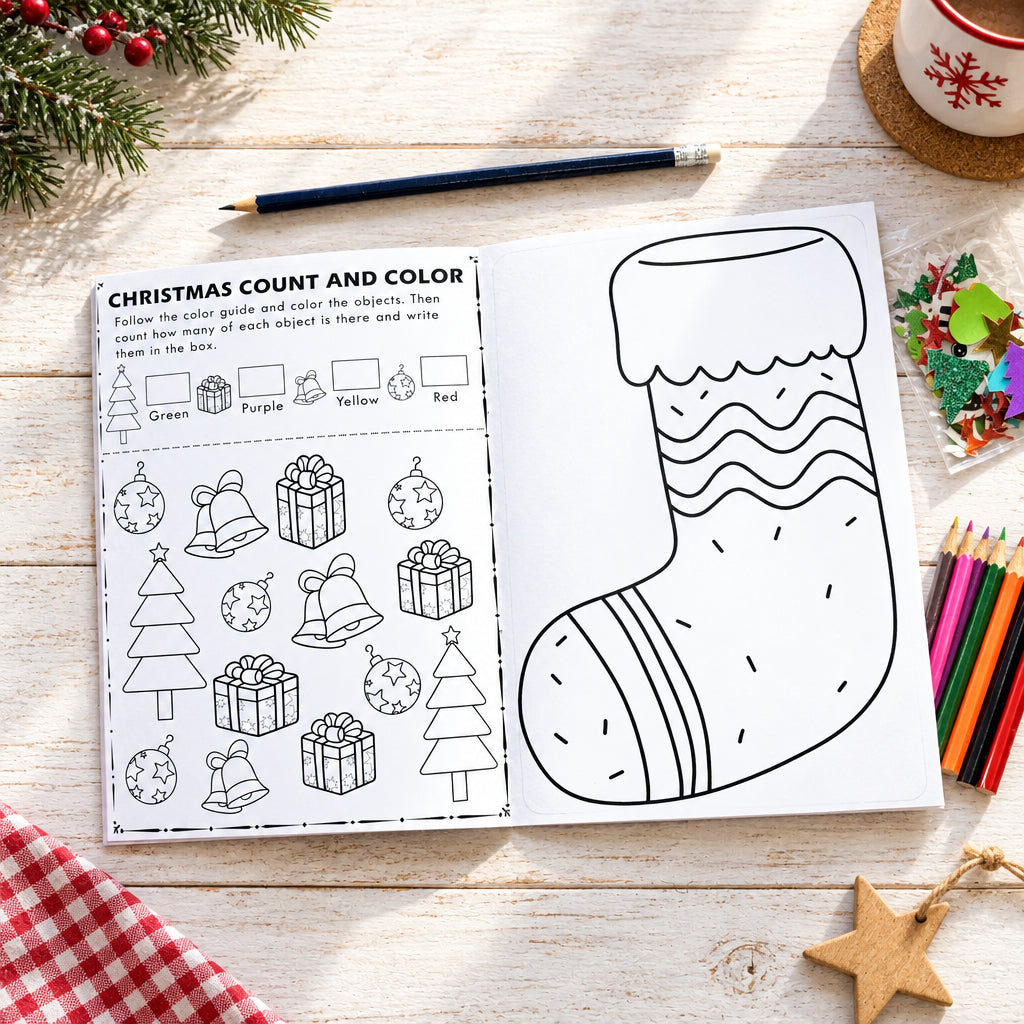 Coloring book with a Christmas stocking and coloring activities on a white surface.