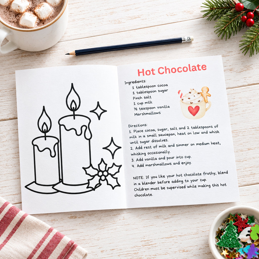 Hot chocolate recipe card with candles illustration and colored pencils on a white background