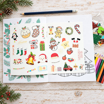 Sheet of Christmas-themed stickers with a pencil and colorful markers on a white surface.