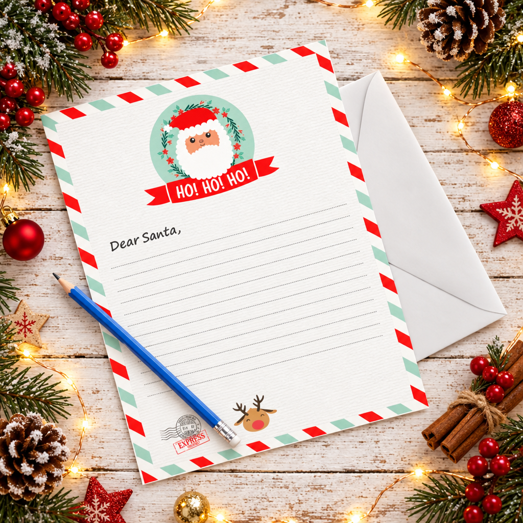 A Christmas-themed letter writing set featuring a lined paper pad with a red and mint striped border, a Santa illustration, and a 'Dear Santa,' greeting template, shown with a white envelope and a blue pencil on a white background.