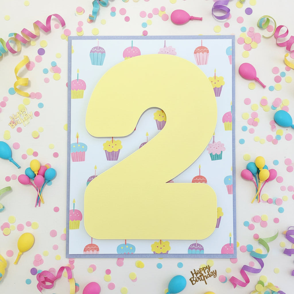 A square birthday party table number card featuring a large yellow paper '2' on a white background with a colorful cupcake pattern, displayed on a wooden table.