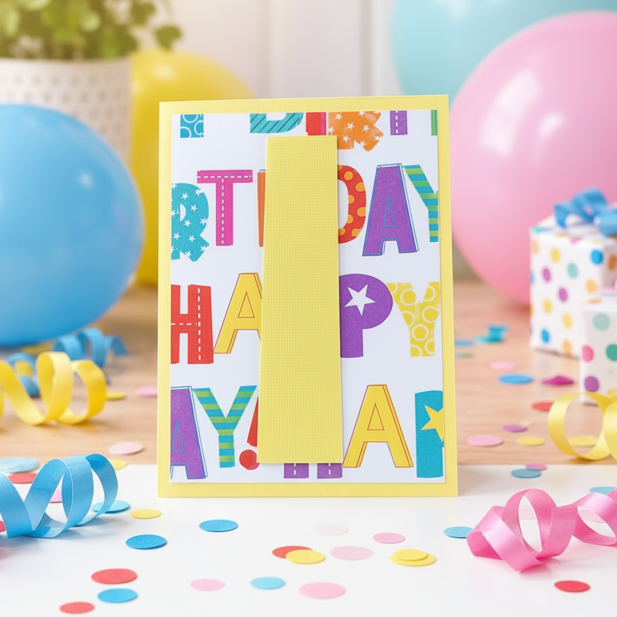 A colorful handmade birthday card with a yellow ribbon bow, displayed on a wooden table with balloons and confetti in the background.